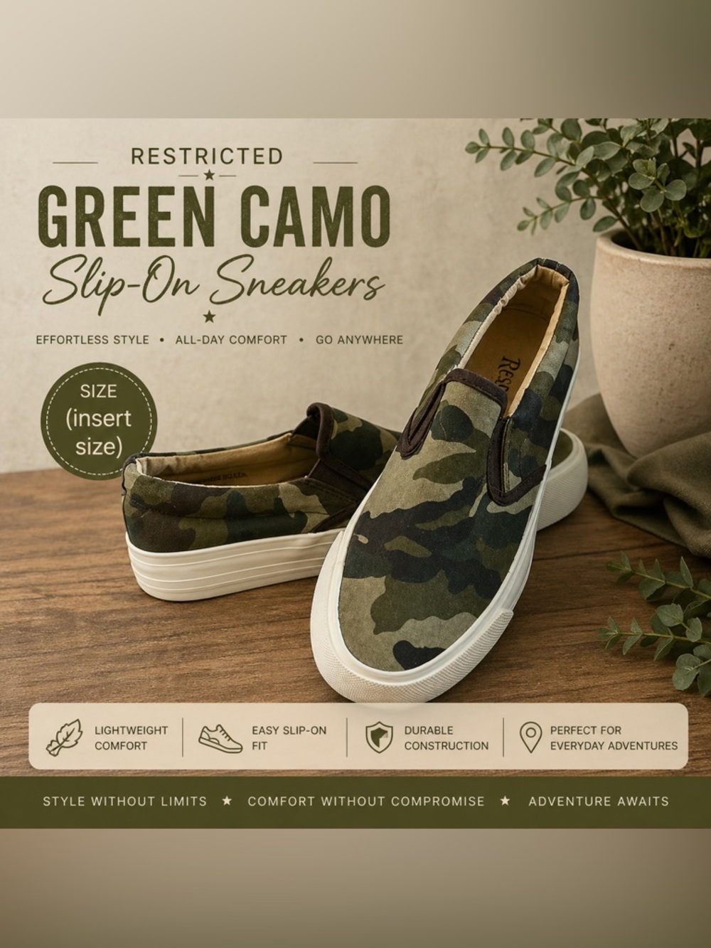 Restricted Green Camo Slip-On Sneakers